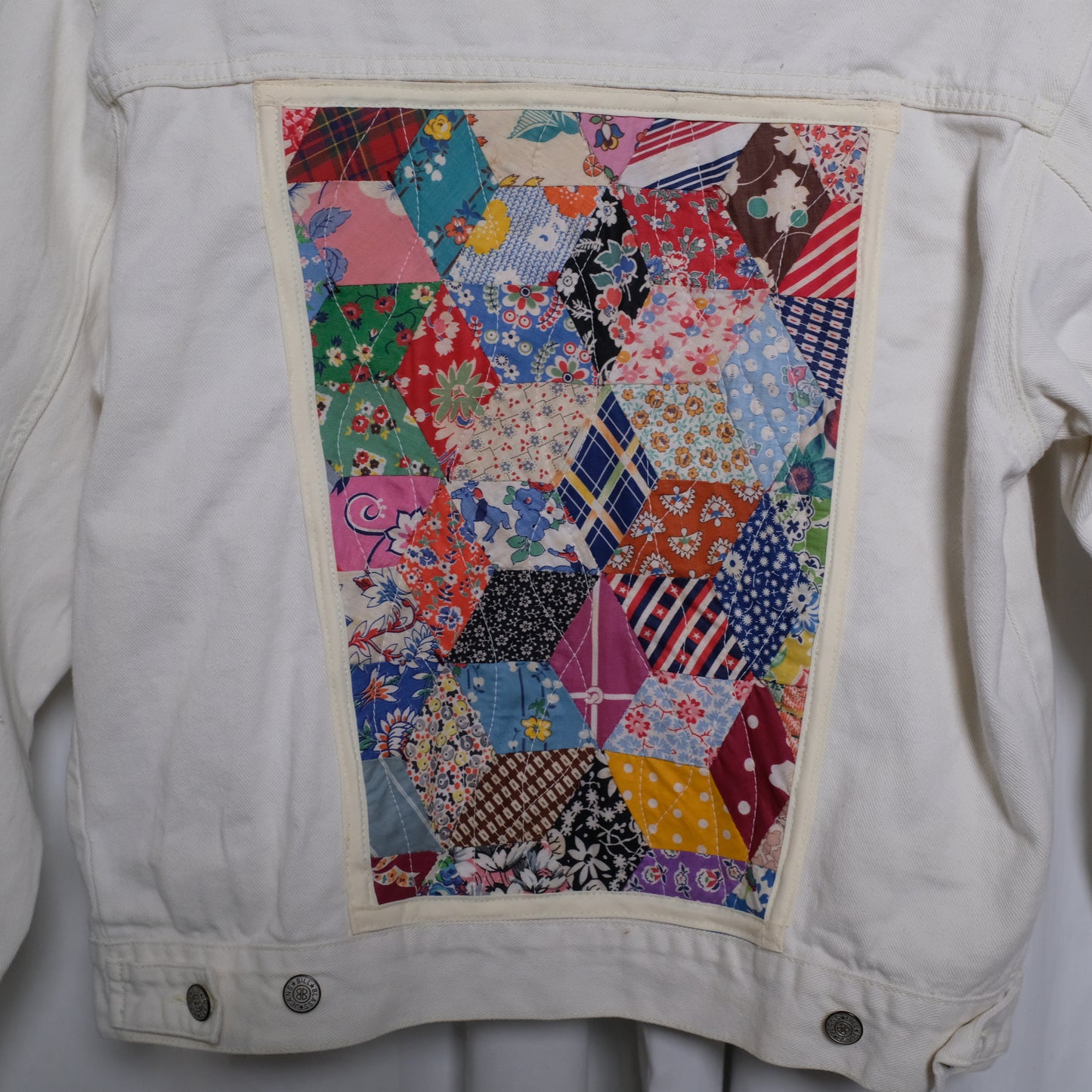 Vintage Cream Denim Jacket with vintage quilt appliques