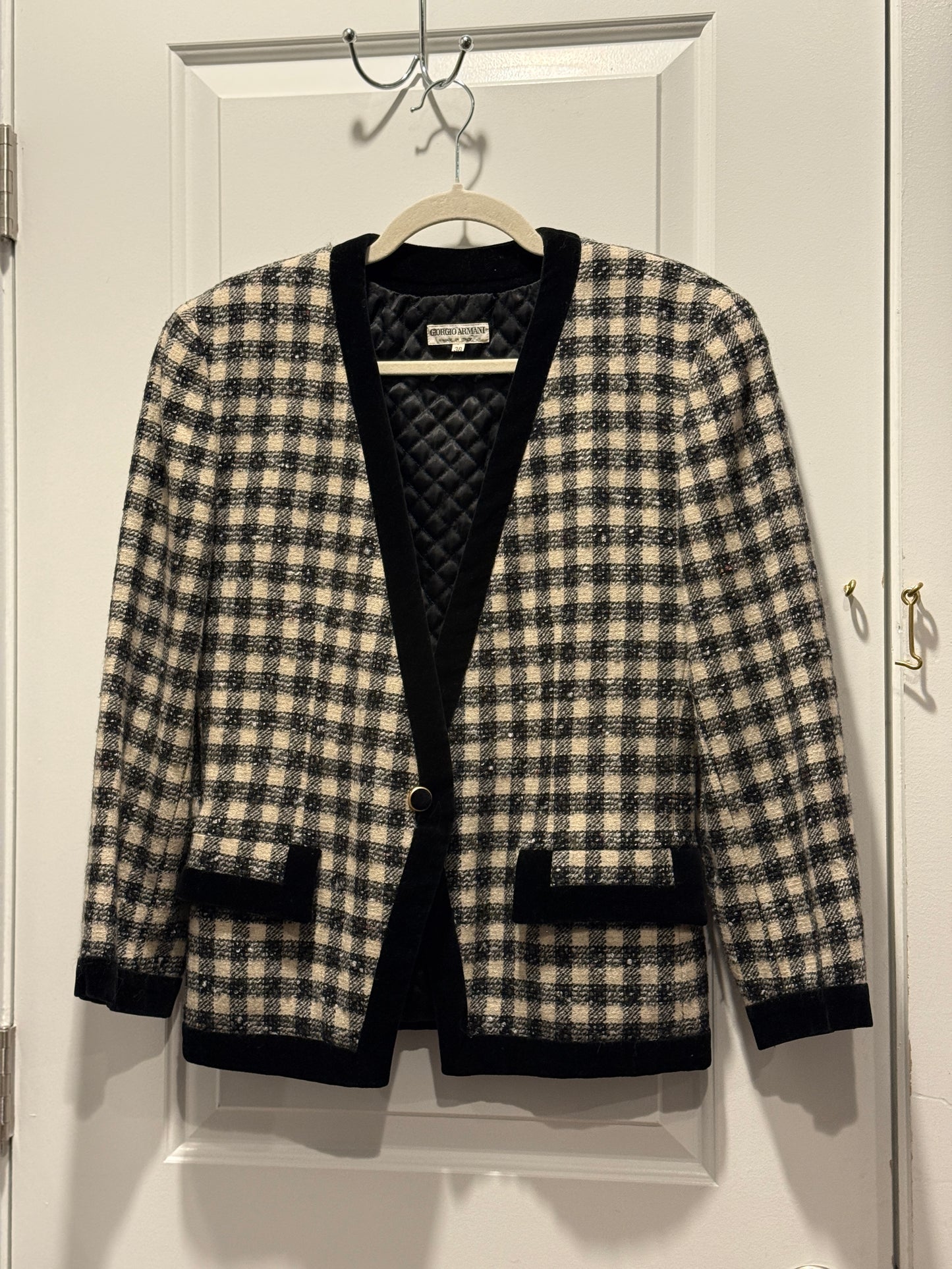 LSV 1980s Giorgio Armani wool check blazer with velvet trim fits XS-S
