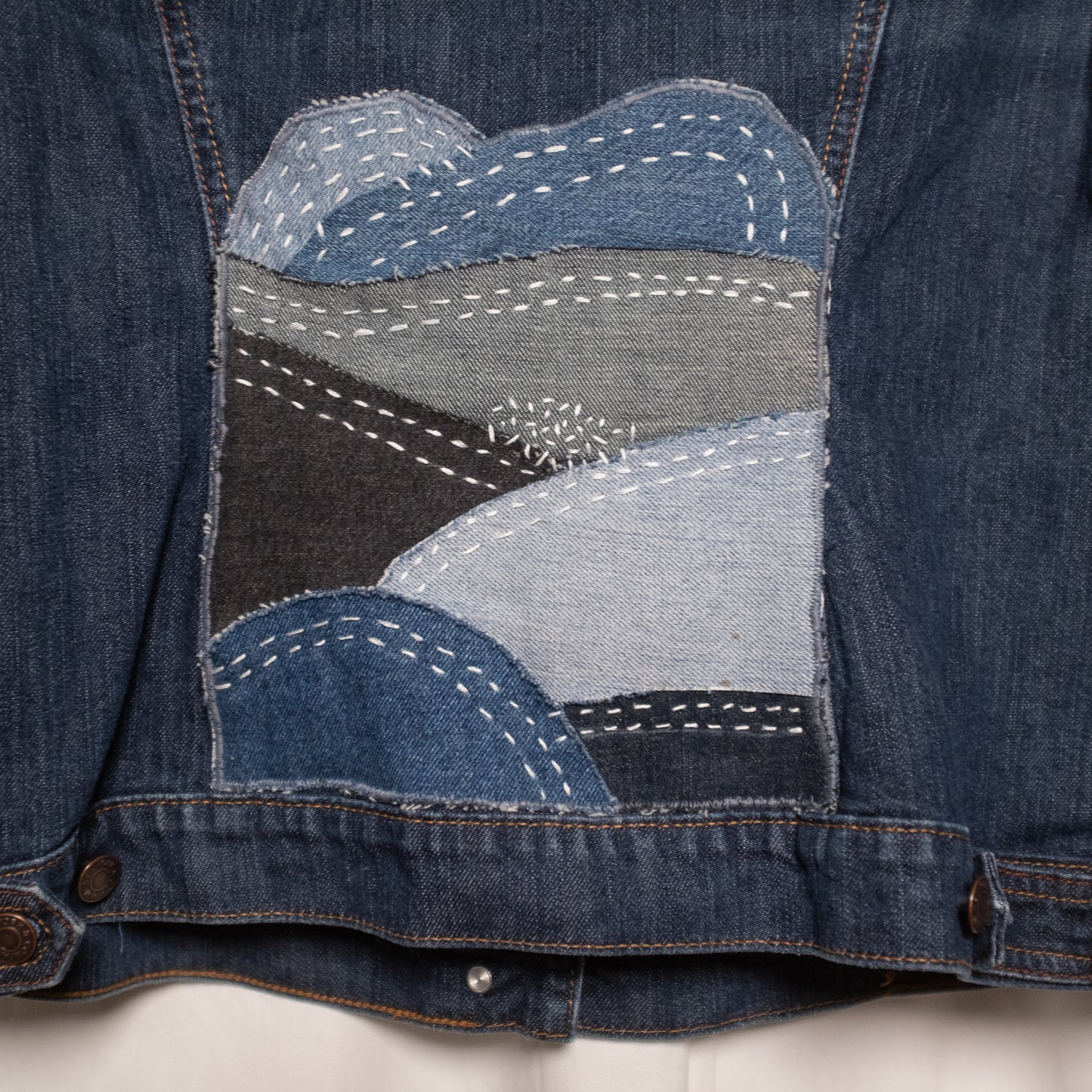 Upcycled "Mountain Moonlight" denim scraps jacket