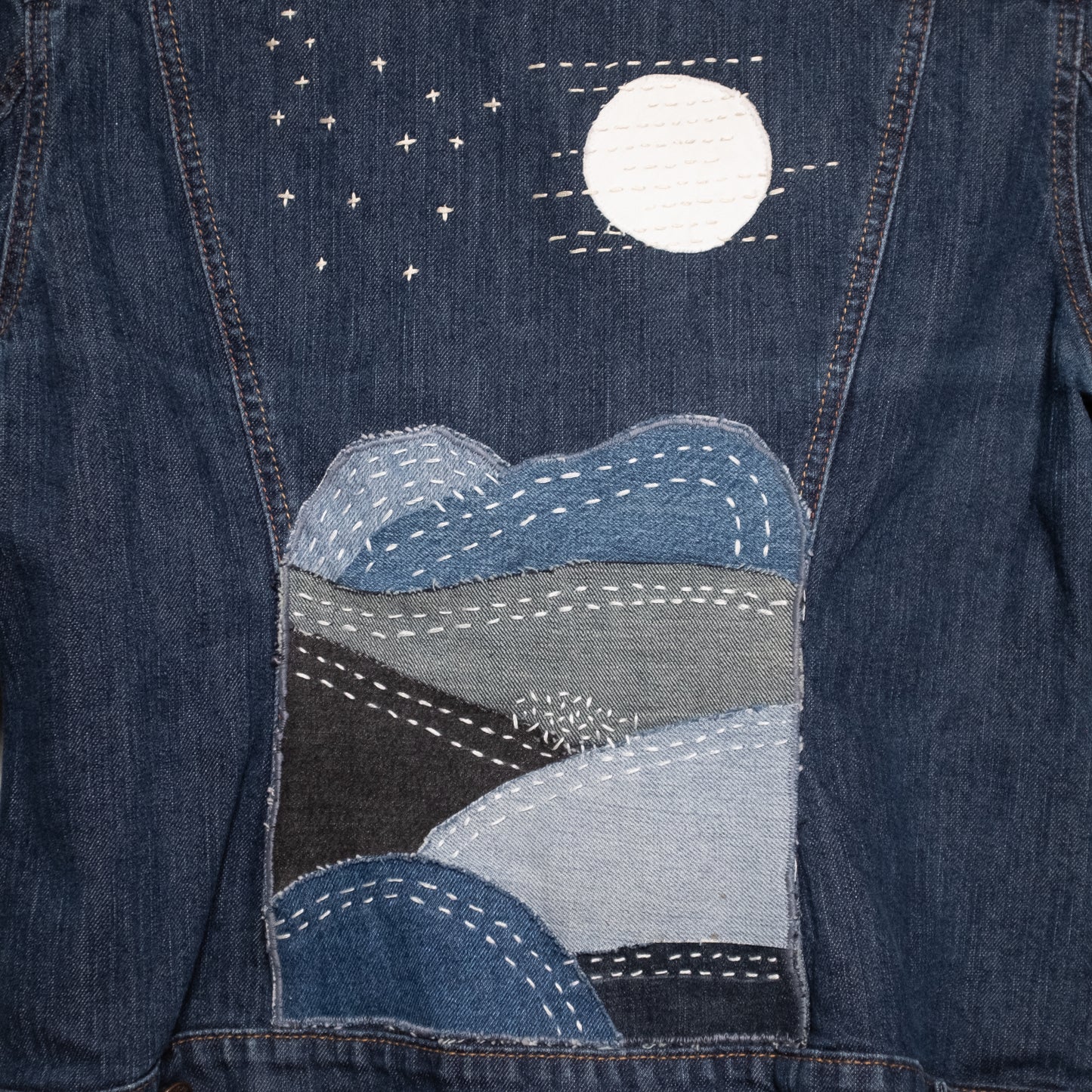 Upcycled "Mountain Moonlight" denim scraps jacket