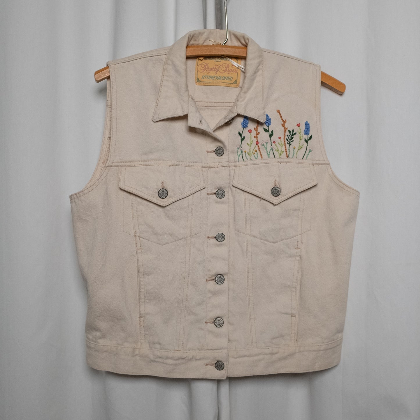 "Pocket of Flowers" cream vest with needlepoint and hand embroidery