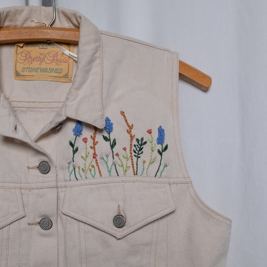 "Pocket of Flowers" cream vest with needlepoint and hand embroidery