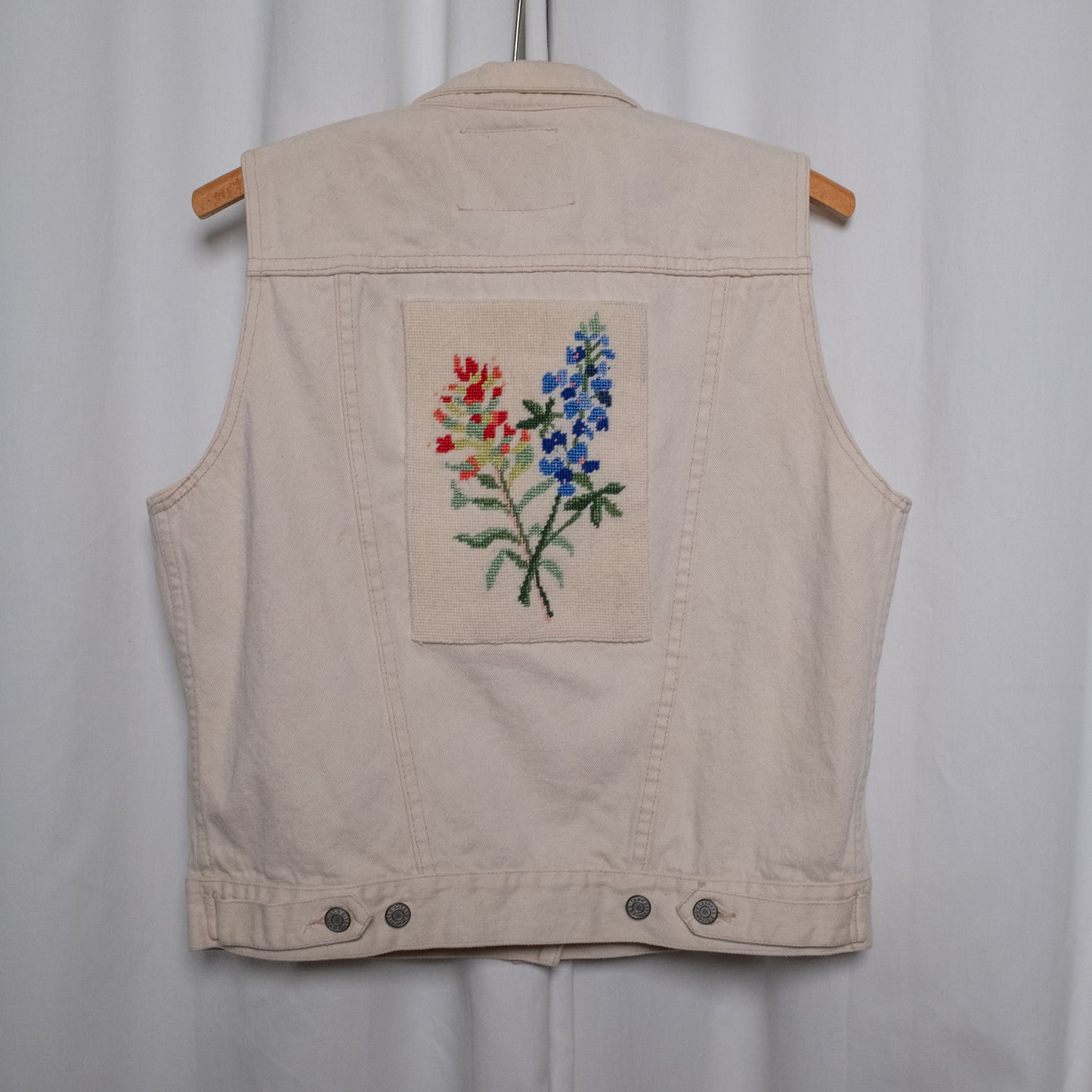 "Pocket of Flowers" cream vest with needlepoint and hand embroidery