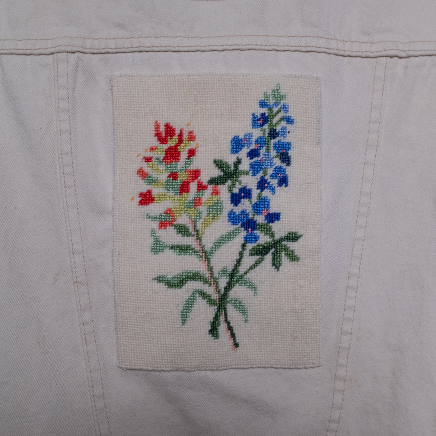 "Pocket of Flowers" cream vest with needlepoint and hand embroidery