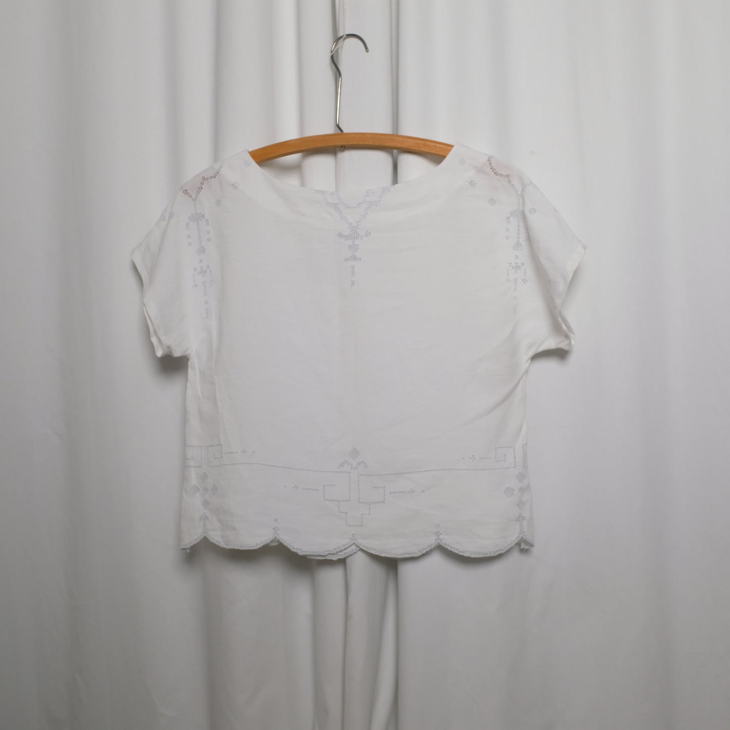 Upcycled linen + crochet tablecloth boxy tee