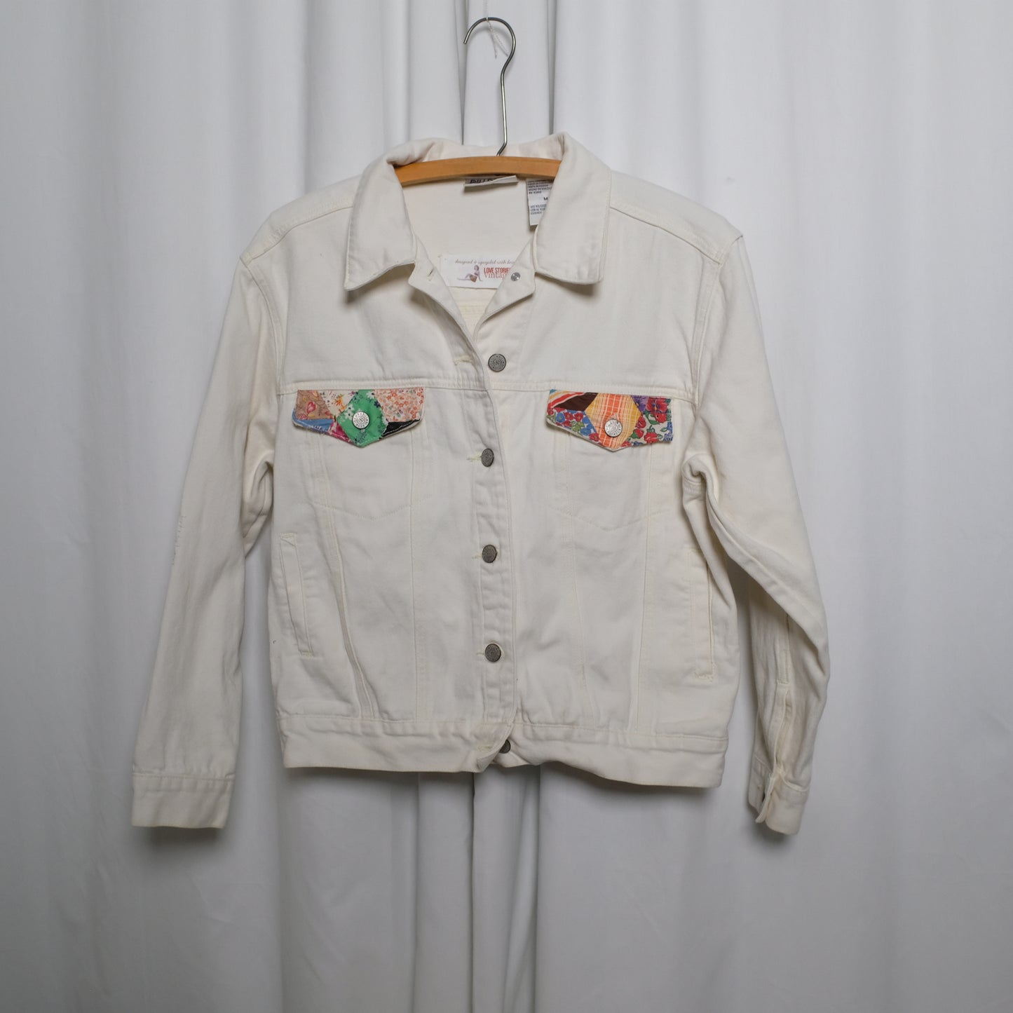 Vintage Cream Denim Jacket with vintage quilt appliques