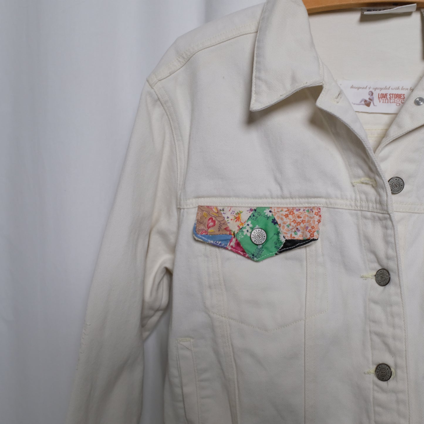 Vintage Cream Denim Jacket with vintage quilt appliques