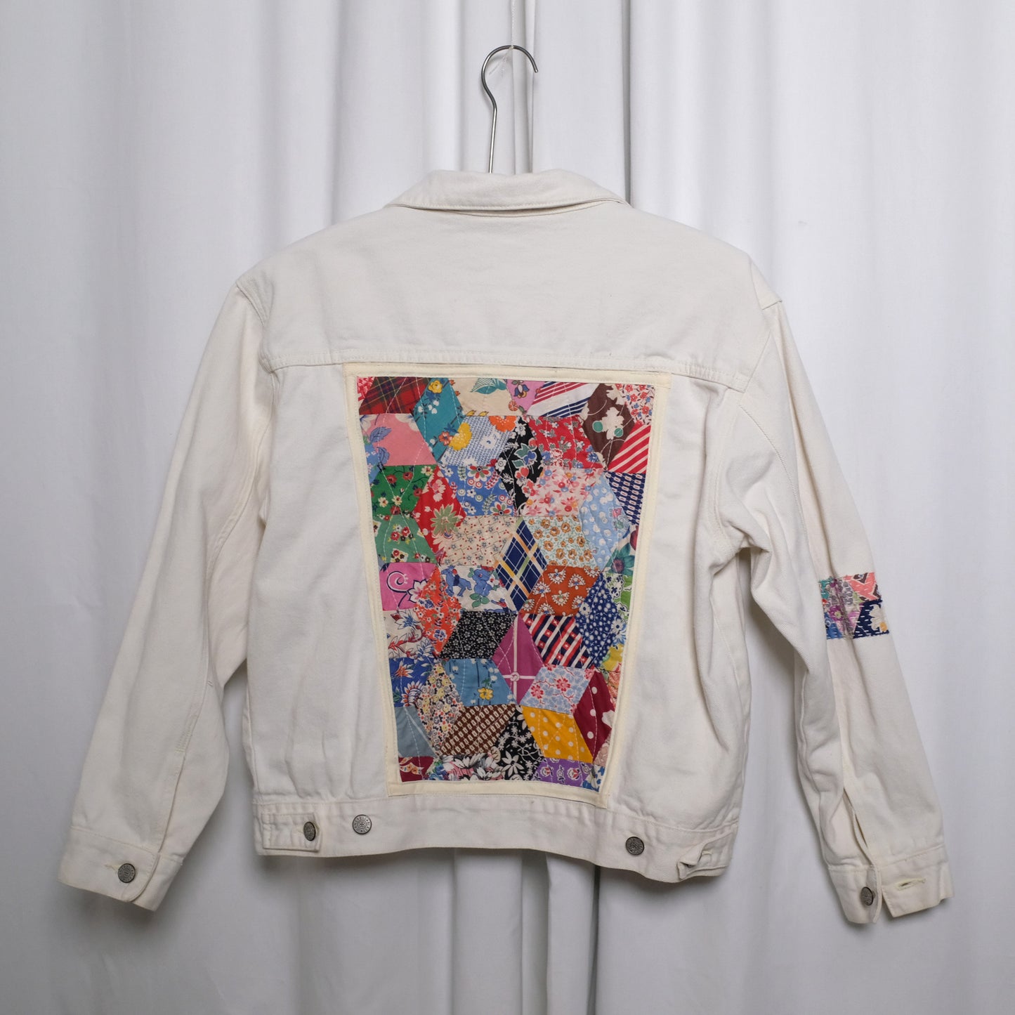Vintage Cream Denim Jacket with vintage quilt appliques