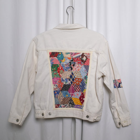 Vintage Cream Denim Jacket with vintage quilt appliques