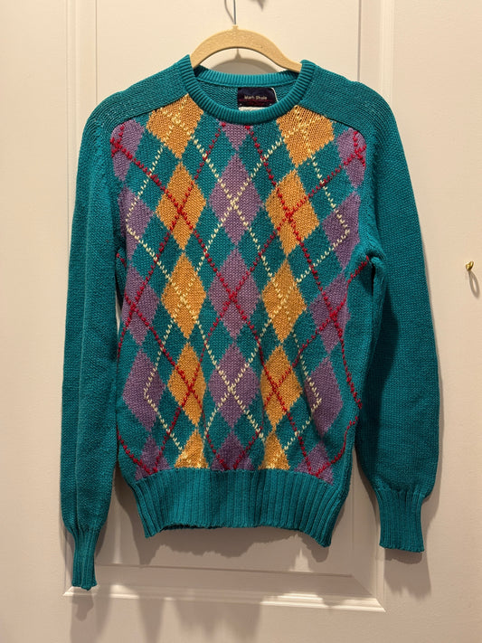 LSV 1990s Mark Shale Argyle Cotton Sweater Scotland fits S-M