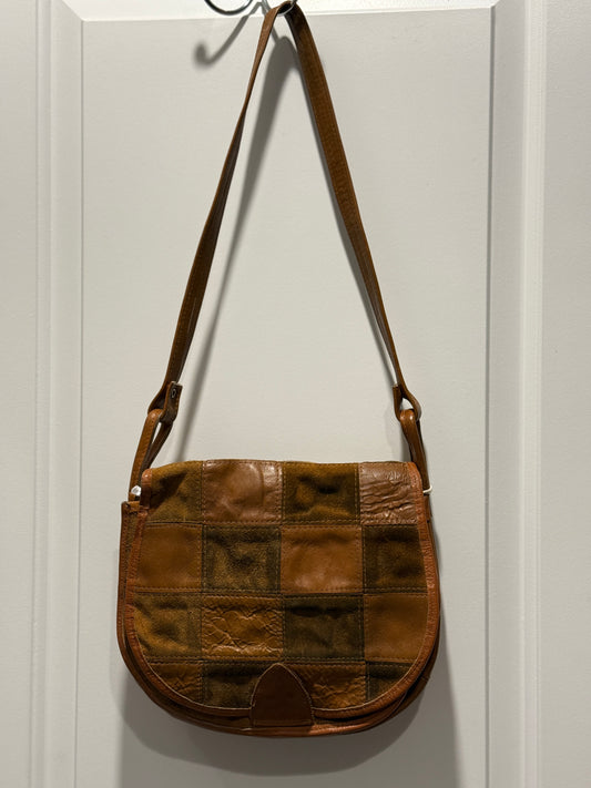 LSV Vtg Leather Suede Patchwork Quilt Style Shoulder Bag