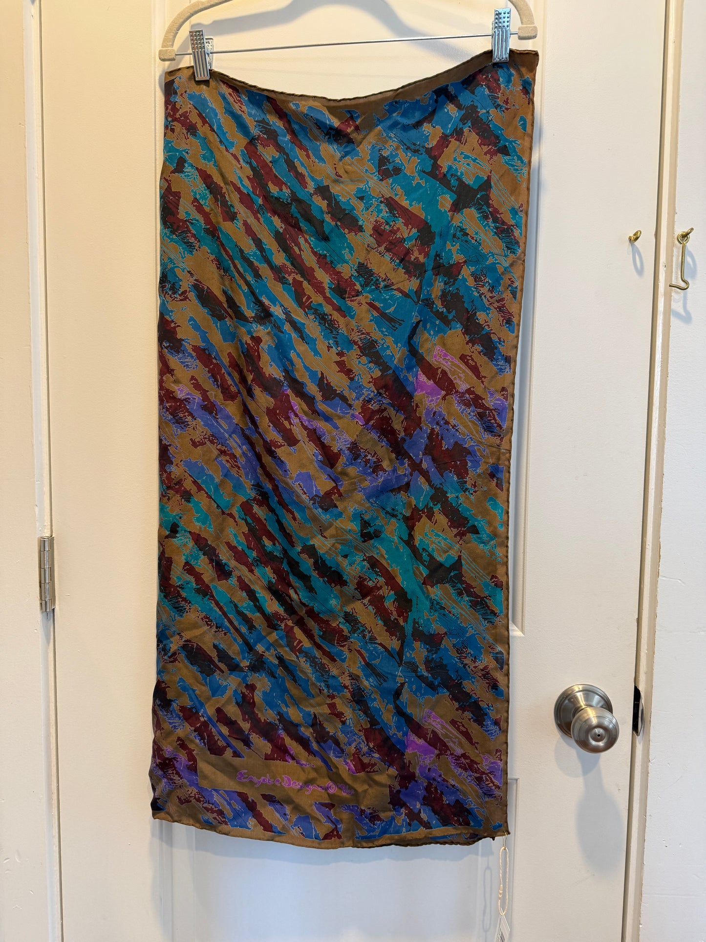 LSV Vtg Abstract brown/teal/purple rolled edge silk scarf