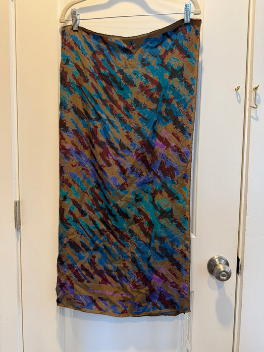 LSV Vtg Abstract brown/teal/purple rolled edge silk scarf