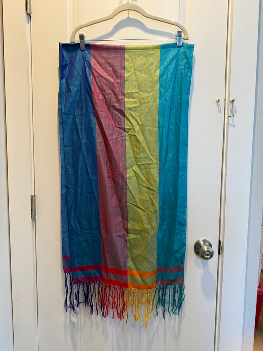 Vtg Multicolored colorblock silk scarf fringe