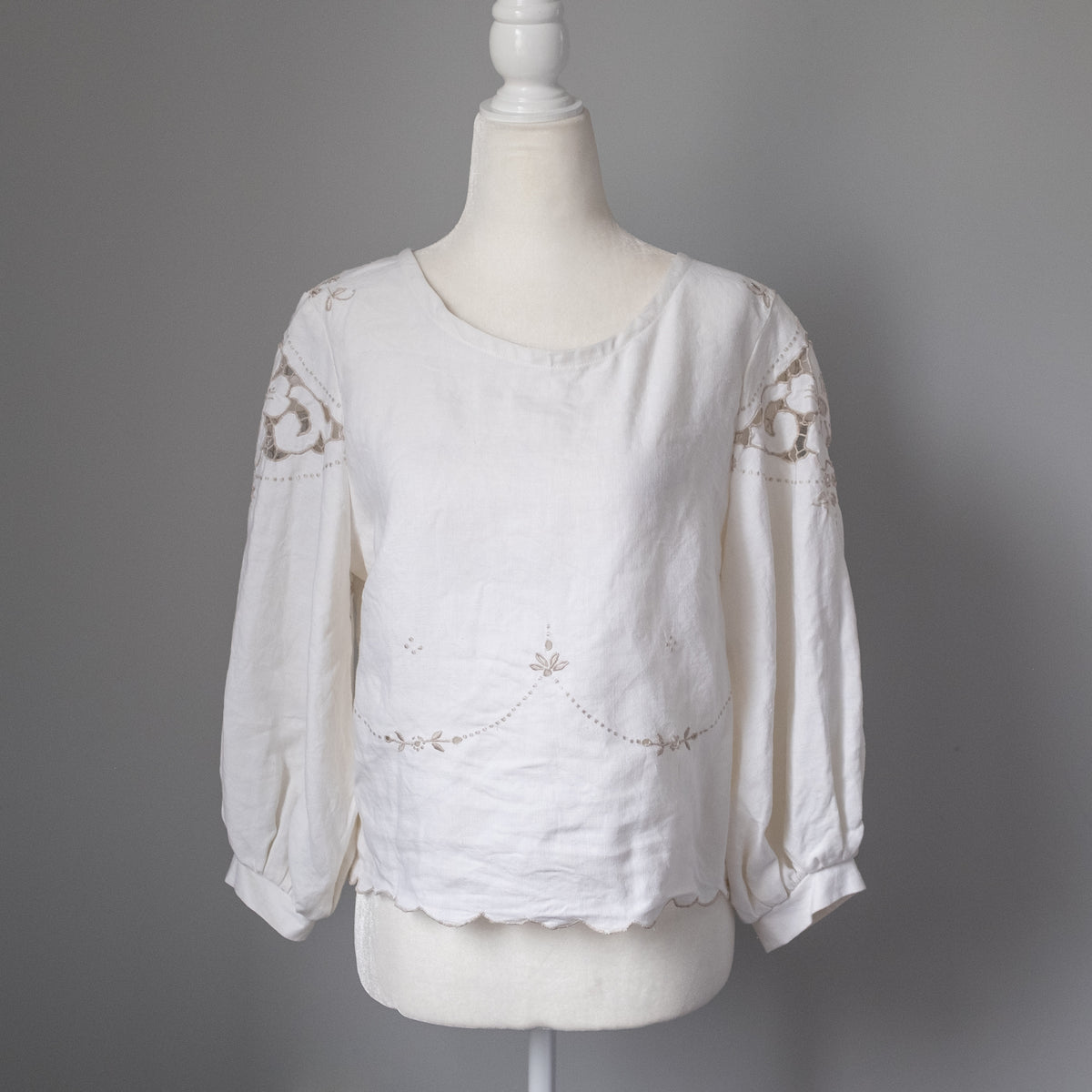 Puff Sleeve Blouse - Cream Linen Floral (Size 2)