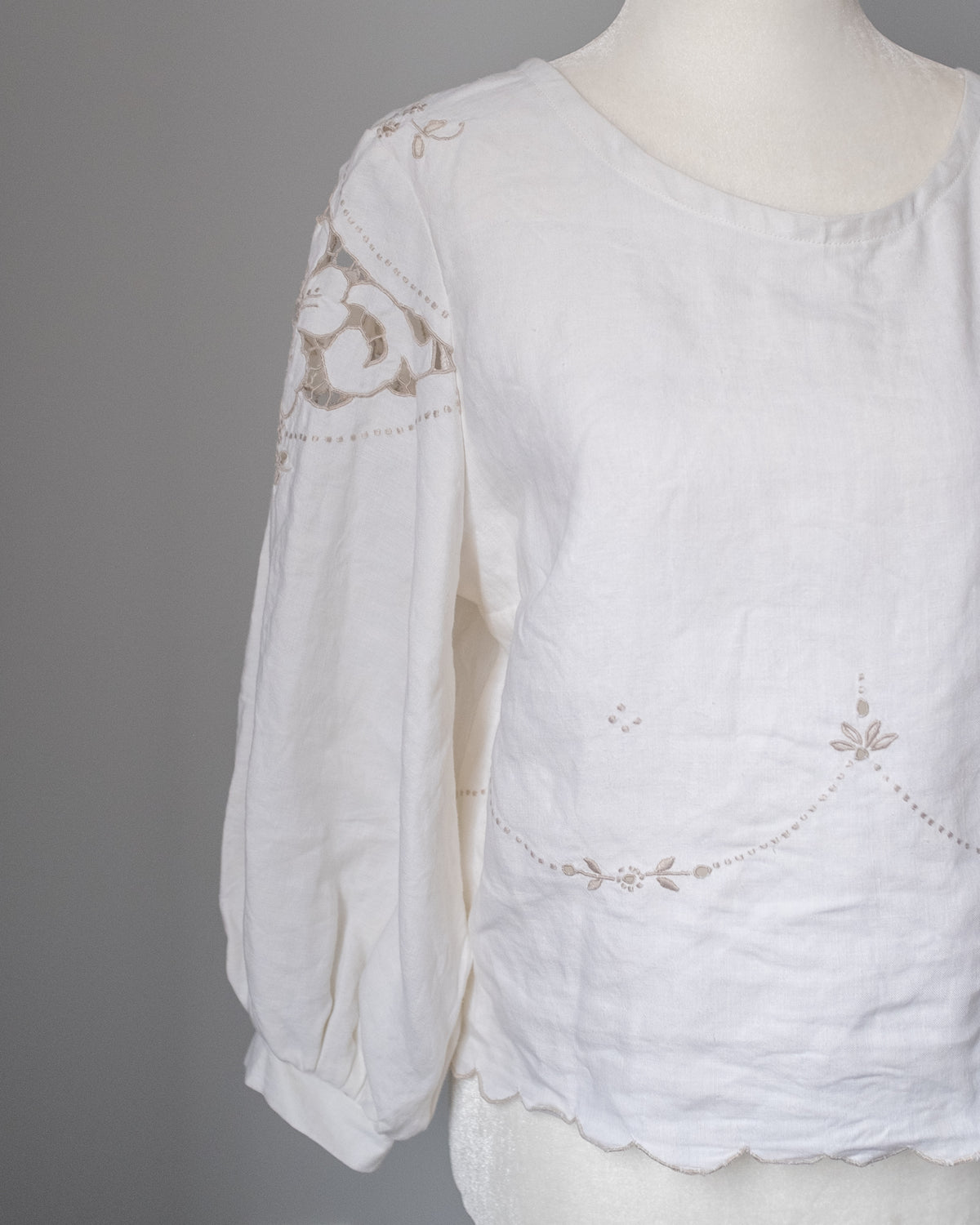 Puff Sleeve Blouse - Cream Linen Floral (Size 2)