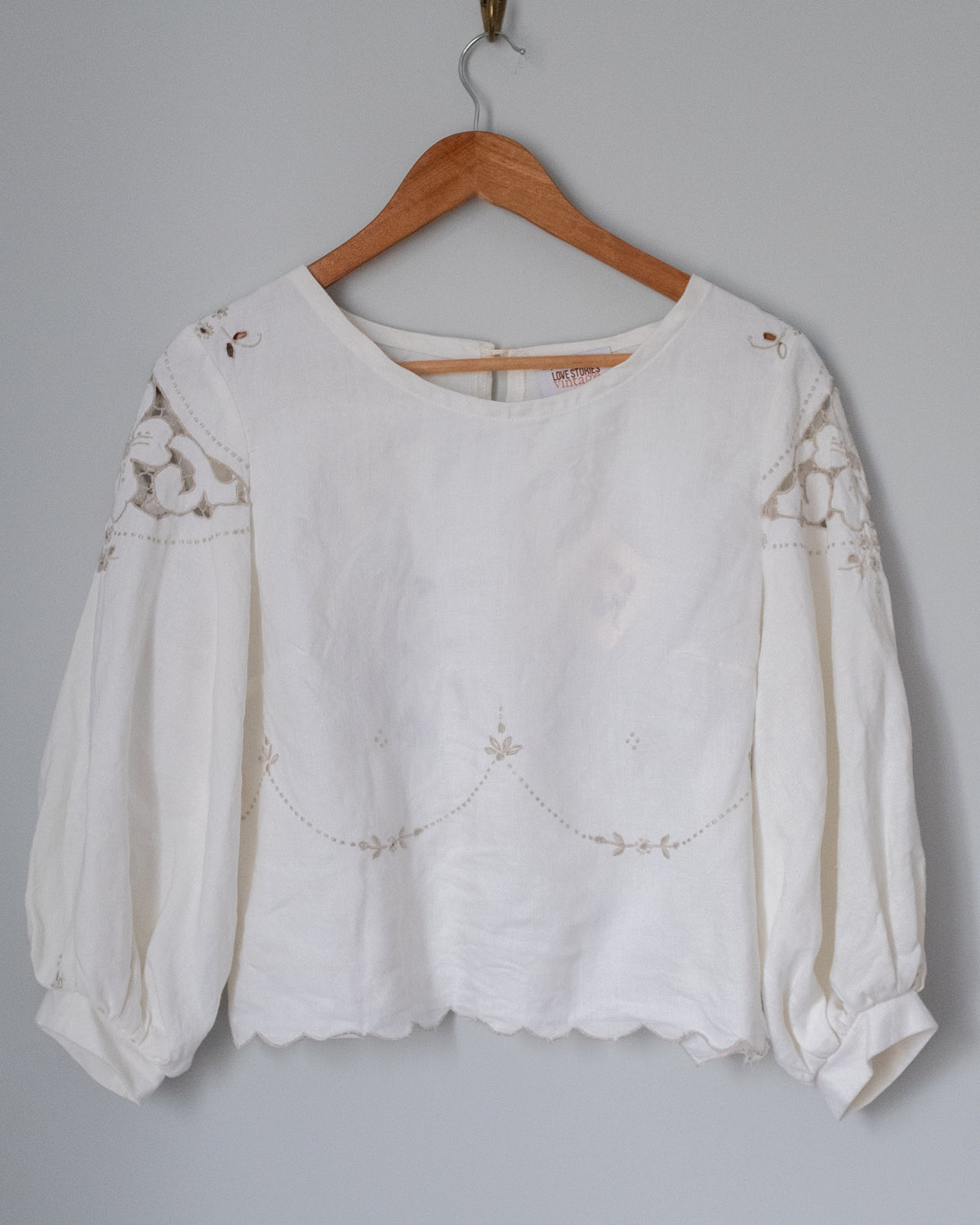 Puff Sleeve Blouse - Cream Linen Floral (Size 2)