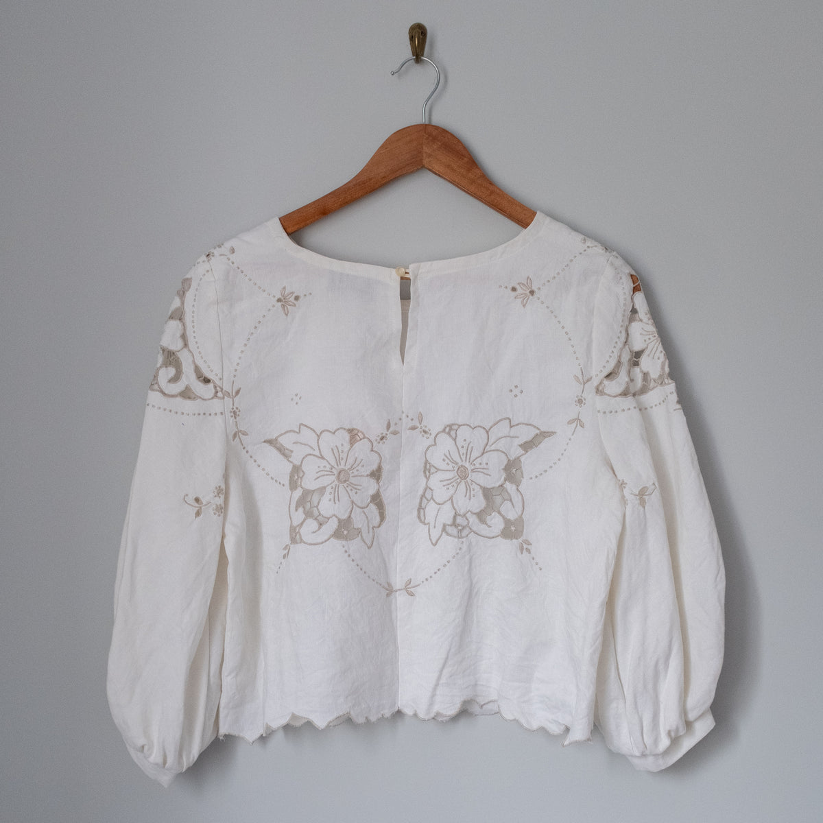 Puff Sleeve Blouse - Cream Linen Floral (Size 2)